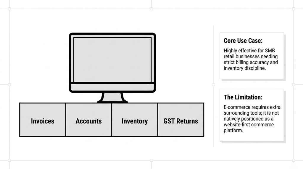 Marg ERP desktop interface showing four core modules: Invoices, Accounts, Inventory, and GST Returns. Core Use Case: Highly effective for SMB retail businesses needing strict billing accuracy and inventory discipline. The Limitation: E-commerce requires extra surrounding tools and it is not natively positioned as a website-first commerce platform.