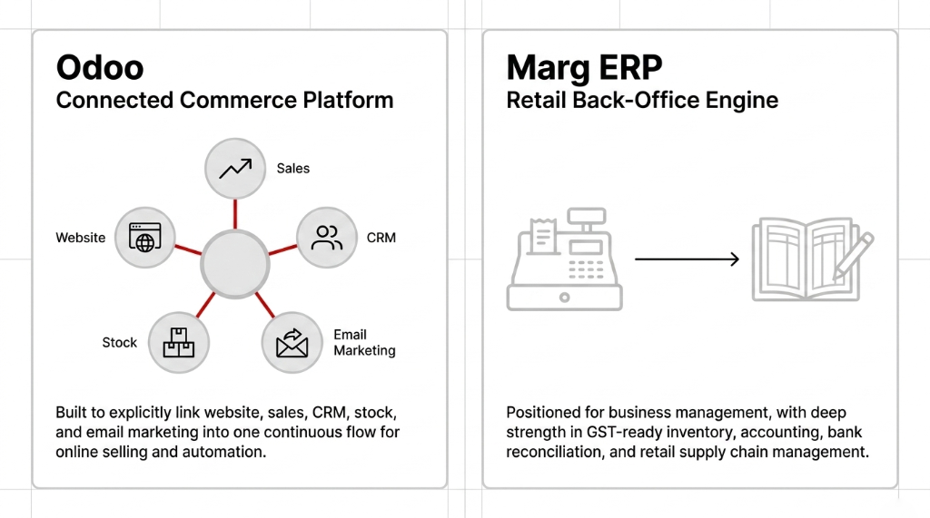 Side by side comparison. Left: Odoo Connected Commerce Platform with interconnected modules for Website, Sales, CRM, Stock, and Email Marketing built to link all into one continuous flow for online selling and automation. Right: Marg ERP Retail Back-Office Engine positioned for business management with deep strength in GST-ready inventory, accounting, bank reconciliation, and retail supply chain management.
