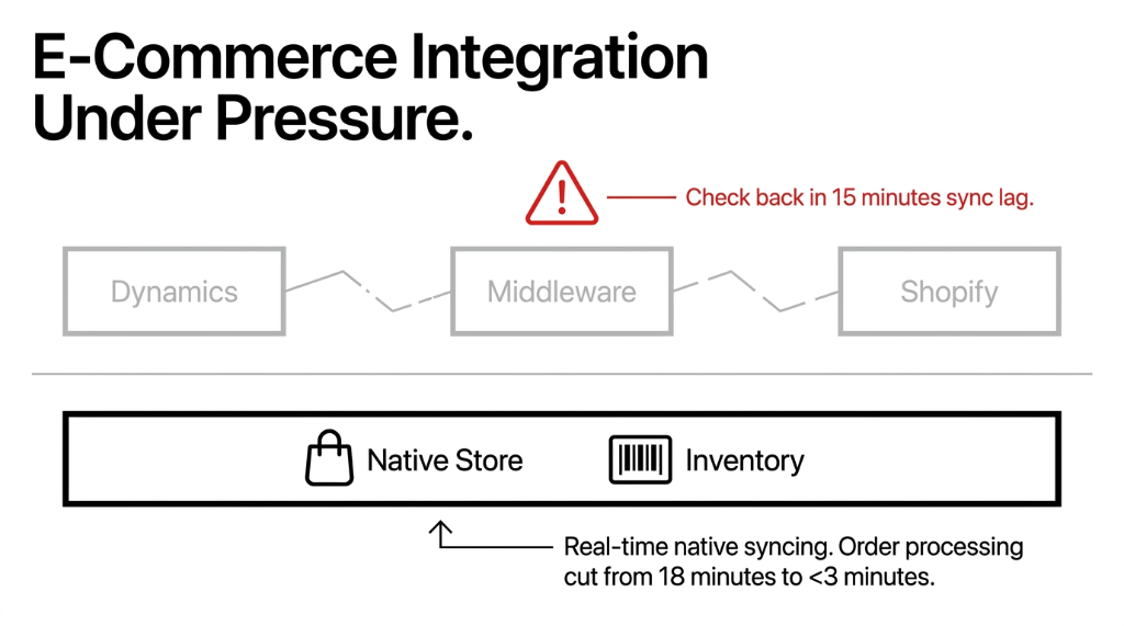E-Commerce Integration Under Pressure comparing Dynamics to Middleware to Shopify chain with 15 minutes sync lag warning versus Odoo native store and inventory with real-time native syncing and order processing cut from 18 minutes to under 3 minutes