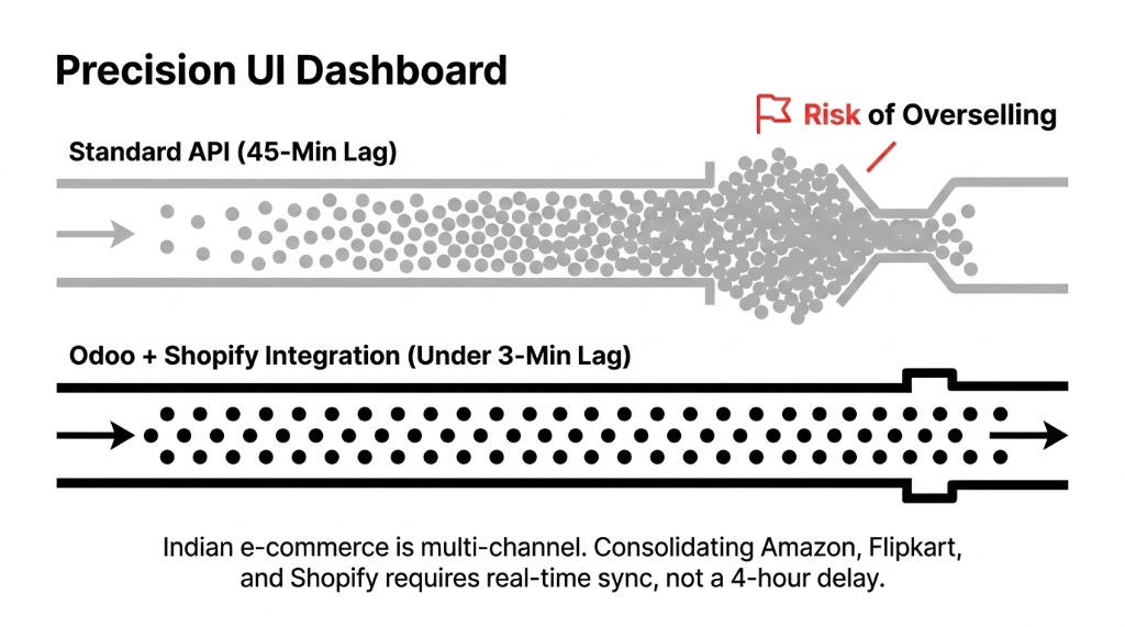 Precision UI Dashboard comparing Standard API with 45-minute lag showing risk of overselling versus Odoo plus Shopify Integration with under 3-minute lag. Indian e-commerce is multi-channel. Consolidating Amazon, Flipkart, and Shopify requires real-time sync, not a 4-hour delay.