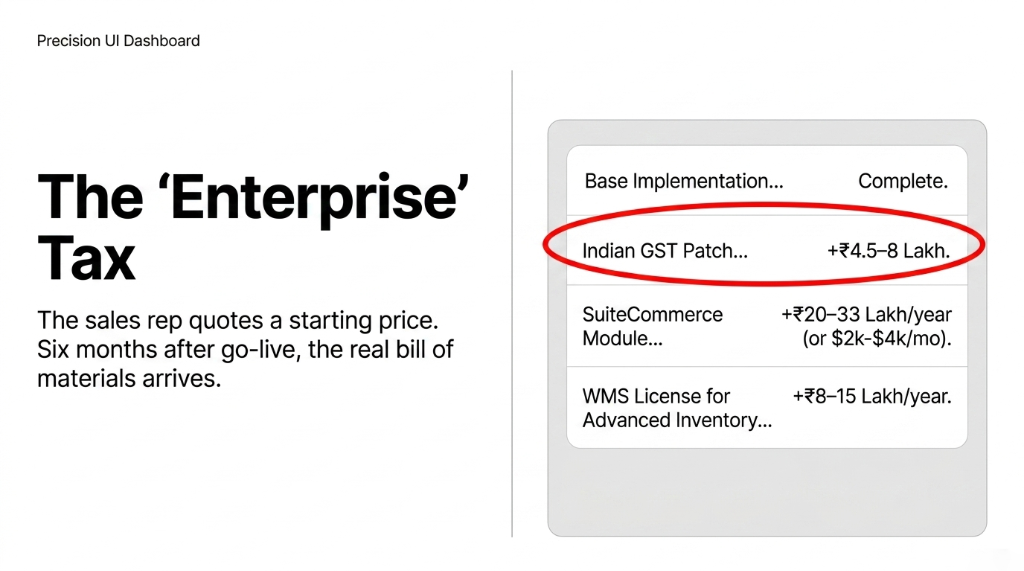 The Enterprise Tax infographic showing hidden NetSuite costs. The sales rep quotes a starting price but six months after go-live the real bill arrives: Indian GST Patch costs 4.5 to 8 Lakh, SuiteCommerce Module costs 20 to 33 Lakh per year, and WMS for Advanced Inventory costs 8 to 15 Lakh per year.