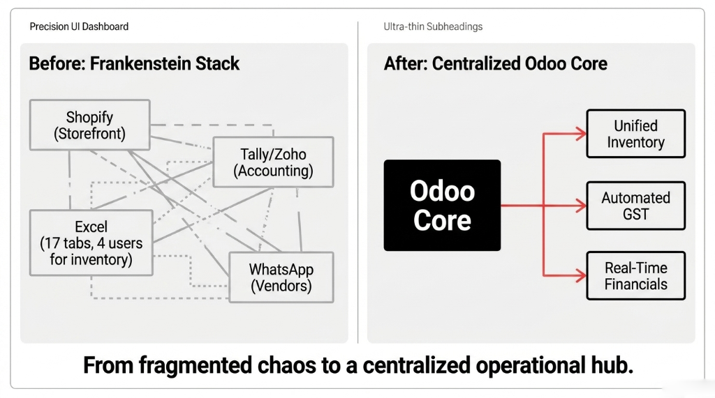 Before and after comparison. Before shows a Frankenstein Stack with Shopify, Tally, Zoho, Excel with 17 tabs and 4 users, and WhatsApp for vendors all connected with tangled lines. After shows Centralized Odoo Core cleanly connecting to Unified Inventory, Automated GST, and Real-Time Financials. From fragmented chaos to a centralized operational hub.