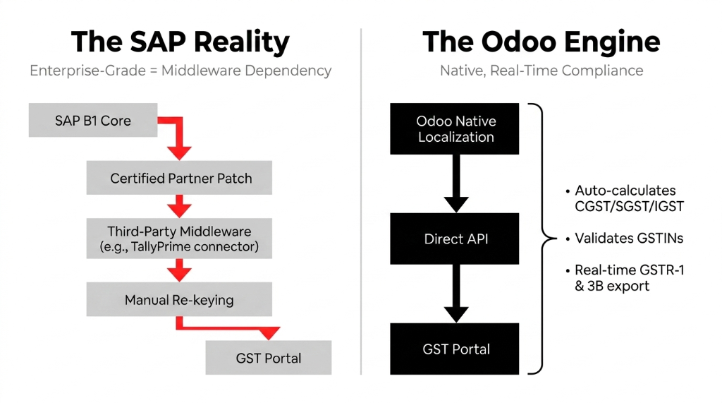 The SAP Reality showing Enterprise-Grade equals Middleware Dependency with SAP B1 Core flowing through Certified Partner Patch then Third-Party Middleware like TallyPrime connector then Manual Re-keying to GST Portal versus The Odoo Engine with Native Real-Time Compliance flowing from Odoo Native Localization through Direct API to GST Portal with auto-calculation of CGST SGST IGST plus GSTIN validation plus real-time GSTR-1 and 3B export