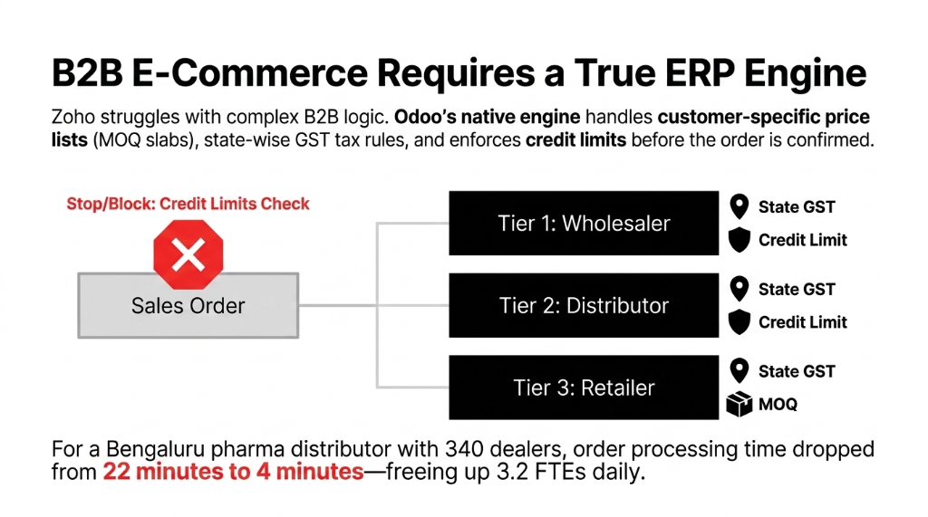 B2B E-Commerce Requires a True ERP Engine showing Odoo native engine handling customer-specific price lists with MOQ slabs and state-wise GST tax rules and enforcing credit limits before order confirmation across Tier 1 Wholesaler and Tier 2 Distributor and Tier 3 Retailer with a Bengaluru pharma distributor with 340 dealers dropping order processing time from 22 minutes to 4 minutes freeing up 3.2 FTEs daily