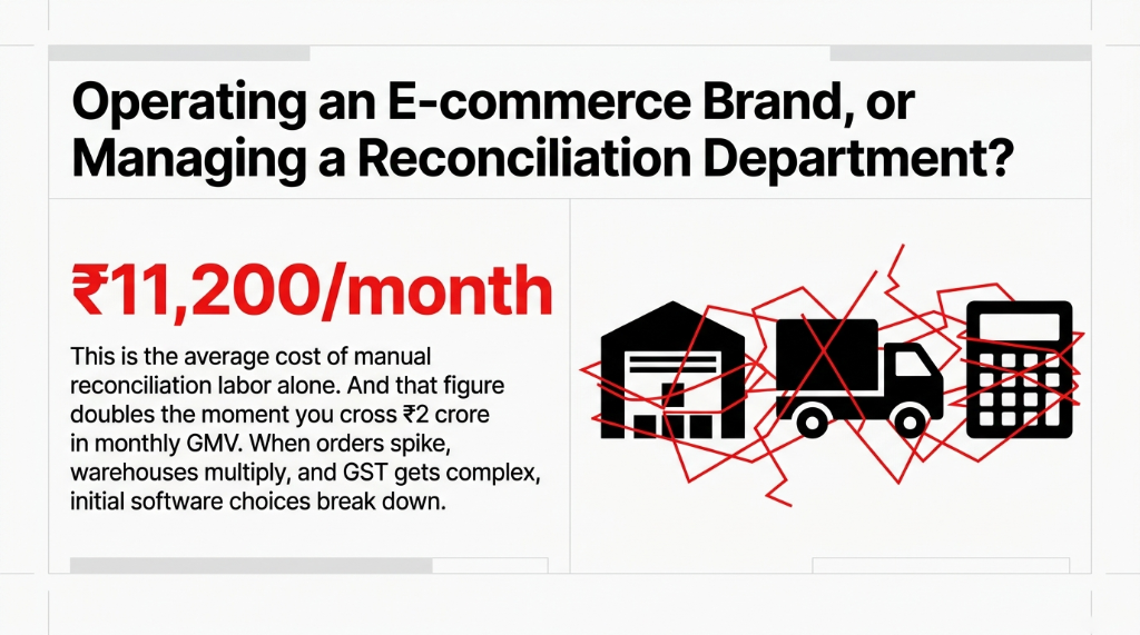 Operating an E-commerce Brand or Managing a Reconciliation Department showing 11200 rupees per month as the average cost of manual reconciliation labor alone with that figure doubling when crossing 2 crore in monthly GMV as orders spike warehouses multiply and GST gets complex causing initial software choices to break down