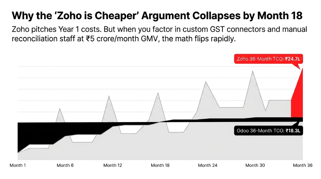 Why the Zoho is Cheaper argument collapses by Month 18 showing 36-month total cost comparison with Zoho at 24.7 lakh versus Odoo at 18.3 lakh as Zoho pitches Year 1 costs but when factoring custom GST connectors and manual reconciliation staff at 5 crore per month GMV the math flips rapidly