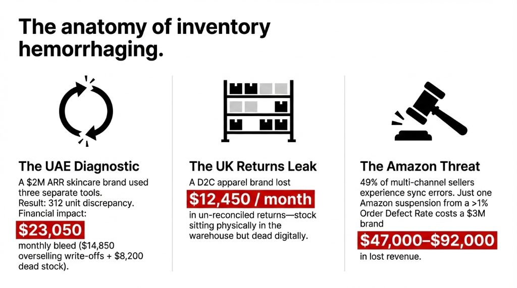 The anatomy of inventory hemorrhaging showing three scenarios: UAE Diagnostic with a 2M ARR skincare brand losing 23050 dollars monthly from 312 unit discrepancy, UK Returns Leak with a D2C apparel brand losing 12450 dollars per month in un-reconciled returns, and the Amazon Threat where 49 percent of multi-channel sellers experience sync errors costing 47000 to 92000 dollars