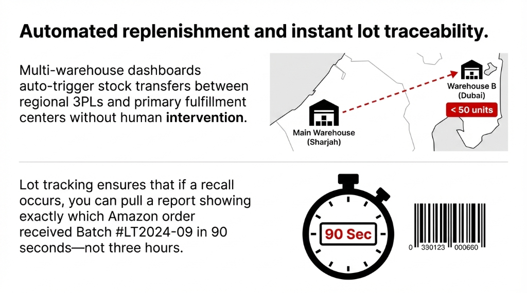 Automated replenishment and instant lot traceability showing multi-warehouse dashboards auto-triggering stock transfers between the Main Warehouse in Sharjah and Warehouse B in Dubai when stock drops below 50 units with lot tracking enabling recall reports in 90 seconds showing exactly which Amazon order received Batch LT2024-09