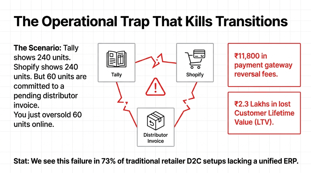 The Operational Trap That Kills Transitions showing Tally with 240 units and Shopify with 240 units but 60 units committed to pending distributor invoice causing oversell of 60 units online costing 11800 rupees in payment gateway reversal fees and 2.3 lakhs in lost customer lifetime value seen in 73 percent of traditional retailer D2C setups lacking unified ERP