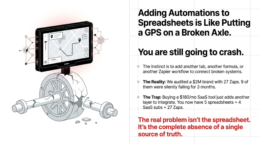 Adding Automations to Spreadsheets is Like Putting a GPS on a Broken Axle - You are still going to crash - The instinct is to add another tab another formula or another Zapier workflow - The Reality We audited a 2M brand with 27 Zaps 9 of them were silently failing for 3 months - The Trap Buying a 180 per month SaaS tool just adds another layer to integrate - The real problem is the complete absence of a single source of truth