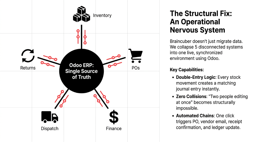 The Structural Fix An Operational Nervous System - Odoo ERP Single Source of Truth connecting Inventory POs Returns Dispatch and Finance - Braincuber collapses 5 disconnected systems into one live synchronized environment using Odoo - Double-Entry Logic every stock movement creates a matching journal entry instantly - Zero Collisions two people editing at once becomes structurally impossible - Automated Chains one click triggers PO vendor email receipt confirmation and ledger update