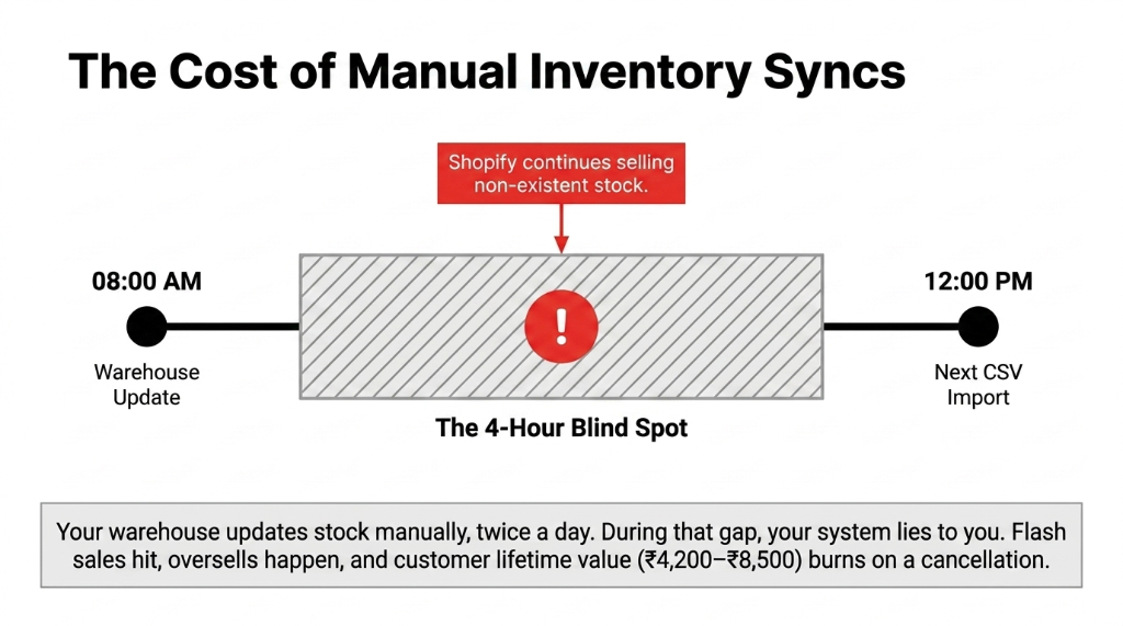 The cost of manual inventory syncs diagram showing 4-hour blind spot between 8 AM warehouse update and 12 PM next CSV import where Shopify continues selling non-existent stock with customer lifetime value of 4200 to 8500 rupees burning on each cancellation