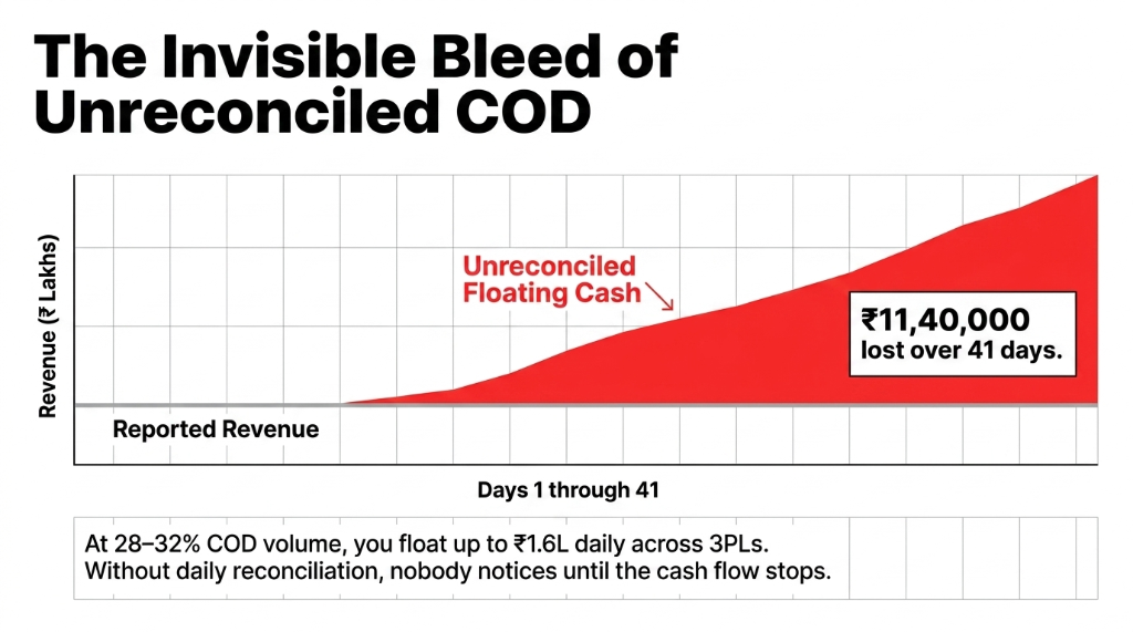 The invisible bleed of unreconciled COD chart showing 11 lakh 40 thousand lost over 41 days with unreconciled floating cash growing between reported revenue and actual revenue at 28 to 32 percent COD volume floating up to 1 point 6 lakh daily across 3PLs