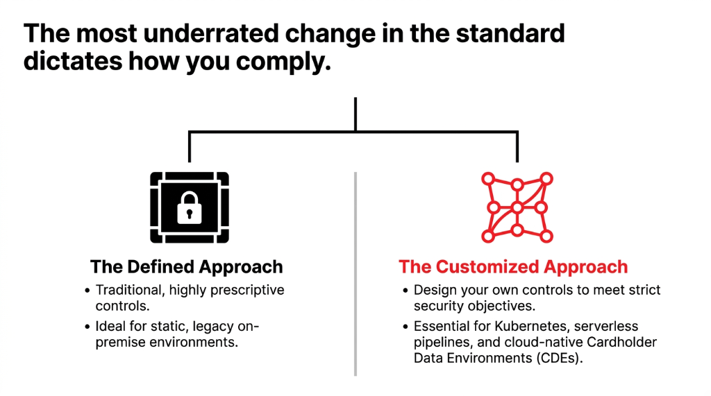 The most underrated change in the standard dictates how you comply - The Defined Approach traditional highly prescriptive controls ideal for static legacy on-premise environments versus The Customized Approach design your own controls to meet strict security objectives essential for Kubernetes serverless pipelines and cloud-native Cardholder Data Environments