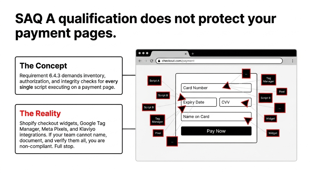 SAQ A qualification does not protect your payment pages - The Concept Requirement 6.4.3 demands inventory authorization and integrity checks for every single script executing on a payment page - The Reality Shopify checkout widgets Google Tag Manager Meta Pixels and Klaviyo integrations if your team cannot name document and verify them all you are non-compliant full stop