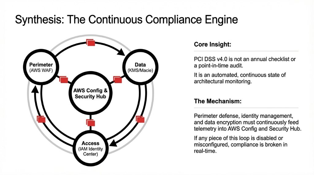 PCI DSS v4.0 continuous compliance engine synthesis diagram showing AWS Config and Security Hub at center connected to perimeter defense via AWS WAF data protection via KMS and Macie and access control via IAM Identity Center in continuous monitoring loop where any disabled or misconfigured piece breaks compliance in real time