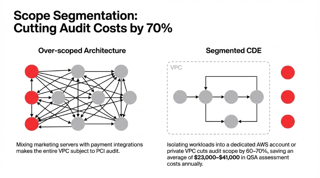 PCI DSS scope segmentation comparison showing over-scoped architecture with marketing servers mixed with payment integrations making entire VPC subject to audit versus segmented CDE in dedicated private VPC cutting audit scope by 60 to 70 percent saving 23000 to 41000 dollars in QSA assessment costs