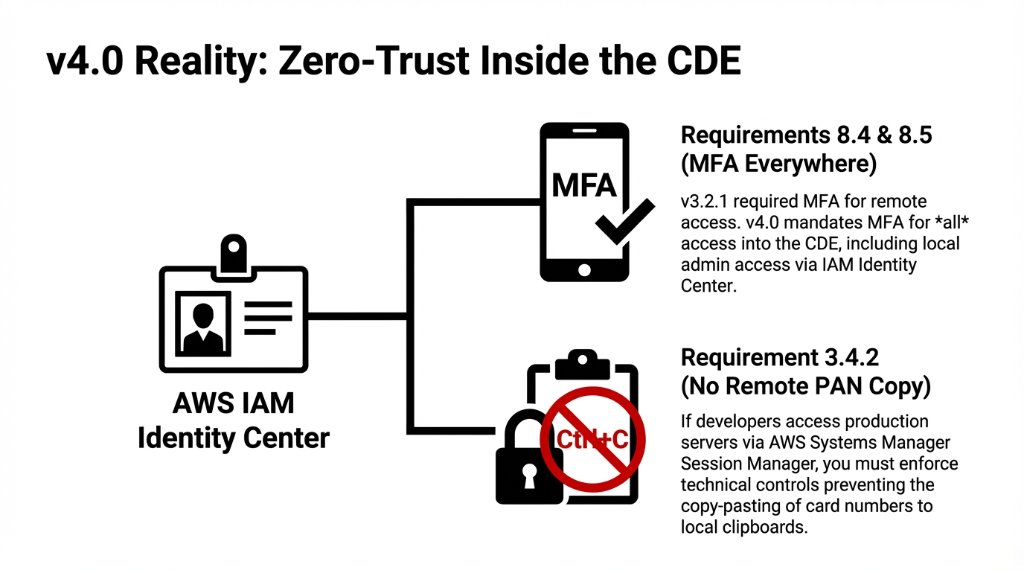 PCI DSS v4.0 zero-trust inside the cardholder data environment showing AWS IAM Identity Center enforcing MFA everywhere per requirements 8.4 and 8.5 and blocking remote PAN copy-pasting per requirement 3.4.2 via AWS Systems Manager Session Manager