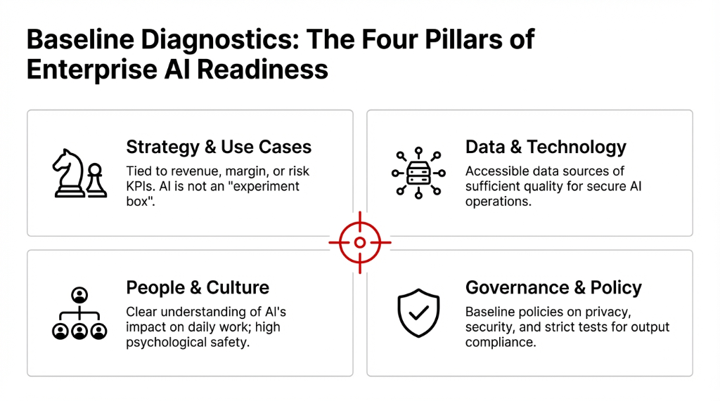 Baseline Diagnostics: The Four Pillars of Enterprise AI Readiness. Strategy and Use Cases tied to revenue, margin, or risk KPIs. Data and Technology showing accessible data sources of sufficient quality. People and Culture covering clear understanding of AI impact on daily work and high psychological safety. Governance and Policy covering baseline policies on privacy, security, and output compliance.