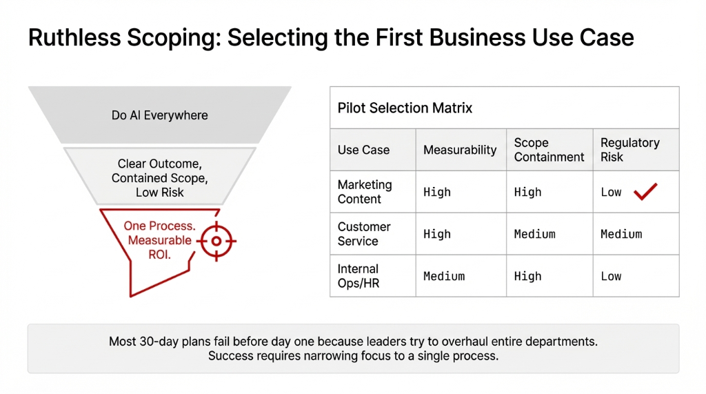 Ruthless Scoping: Selecting the First Business Use Case. A funnel narrowing from Do AI Everywhere at the top, to Clear Outcome Contained Scope Low Risk in the middle, to One Process Measurable ROI at the bottom. A Pilot Selection Matrix shows Marketing Content with High Measurability, High Scope Containment, and Low Regulatory Risk marked as the best starting point. Customer Service has High Measurability, Medium Scope Containment, and Medium Regulatory Risk. Internal Ops HR has Medium Measurability, High Scope Containment, and Low Regulatory Risk. Most 30-day plans fail before day one because leaders try to overhaul entire departments.