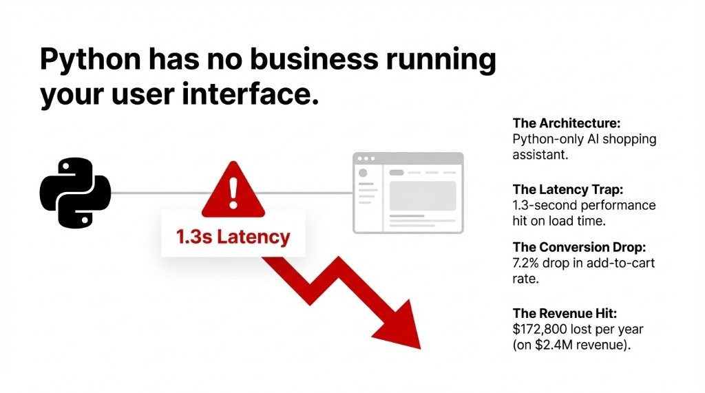 Python has no business running your user interface - showing 1.3s latency causing 7.2% drop in add-to-cart rate and $172,800 lost per year on $2.4M revenue