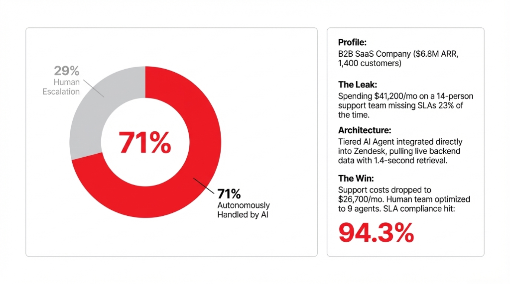 B2B SaaS Company AI agent case study showing 71 percent of tickets autonomously handled by AI with only 29 percent requiring human escalation. Support costs dropped from $41,200 to $26,700 per month. SLA compliance hit 94.3 percent. Human team optimized from 14 to 9 agents.