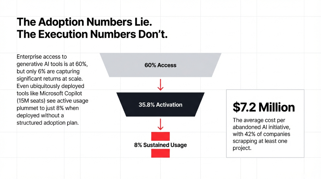 The Adoption Numbers Lie. The Execution Numbers Don't. A funnel diagram showing enterprise access to generative AI tools at 60%, narrowing to 35.8% activation, then plummeting to just 8% sustained usage when deployed without a structured adoption plan. Side stat shows $7.2 million is the average cost per abandoned AI initiative, with 42% of companies scrapping at least one project.