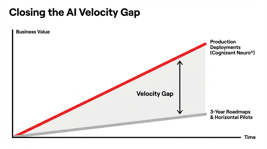 Closing the AI Velocity Gap. A chart with Business Value on the Y-axis and Time on the X-axis. A steep red line labeled Production Deployments using Cognizant Neuro shows rapid value acceleration. A shallow gray line labeled 3-Year Roadmaps and Horizontal Pilots shows minimal progress. A double-headed arrow between the two lines highlights the Velocity Gap that separates enterprises deploying AI in production from those still running pilots.