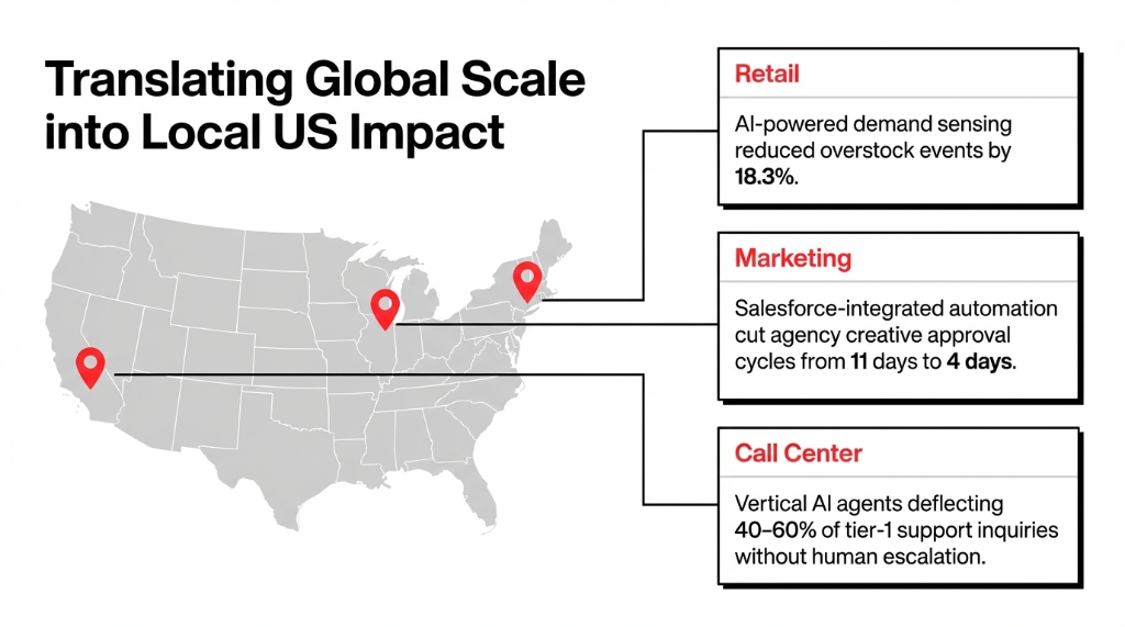 Translating Global Scale into Local US Impact. A map of the United States with three pins marking regional hubs. Three dark cards describe vertical impact: Retail, where AI-powered demand sensing reduced overstock events by 18.3 percent. Marketing, where Salesforce-integrated automation cut agency creative approval cycles from 11 days to 4 days. Call Center, where vertical AI agents deflect 40 to 60 percent of tier-1 support inquiries without human escalation.