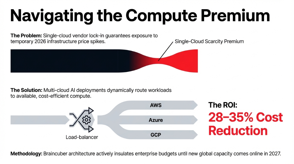 Navigating the Compute Premium. Top section shows The Problem: single-cloud vendor lock-in creates exposure to temporary 2026 infrastructure price spikes, illustrated as a bottleneck labeled Single-Cloud Scarcity Premium. Bottom section shows The Solution: multi-cloud AI deployments dynamically route workloads to available cost-efficient compute via a load-balancer splitting traffic across AWS, Azure, and GCP. The ROI shows 28 to 35 percent cost reduction in bold red text. Methodology note: Braincuber architecture actively insulates enterprise budgets until new global capacity comes online in 2027.