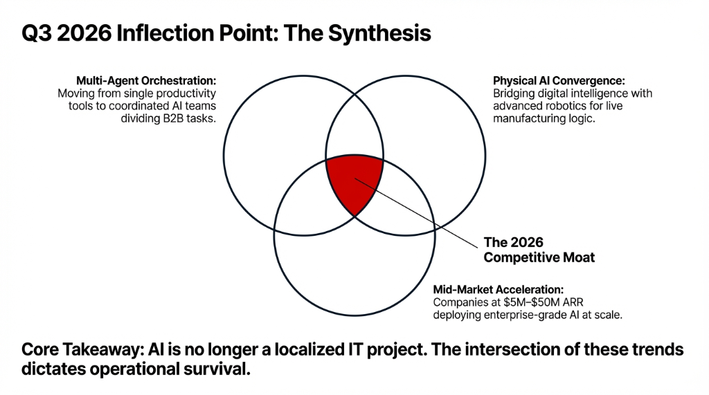Q3 2026 Inflection Point: The Synthesis. A three-circle Venn diagram. Left circle: Multi-Agent Orchestration, moving from single productivity tools to coordinated AI teams dividing B2B tasks. Right circle: Physical AI Convergence, bridging digital intelligence with advanced robotics for live manufacturing logic. Bottom circle: Mid-Market Acceleration, companies at $5M to $50M ARR deploying enterprise-grade AI at scale. The red overlap area in the center is labeled The 2026 Competitive Moat. Core Takeaway: AI is no longer a localized IT project. The intersection of these trends dictates operational survival.