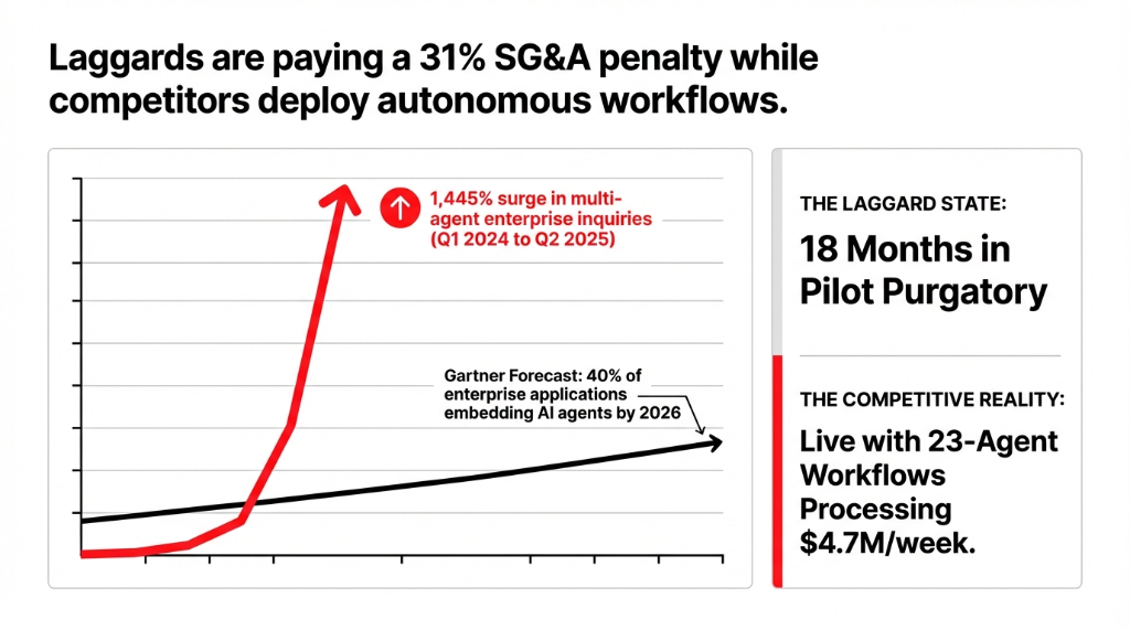 Laggards are paying a 31% SG&A penalty while competitors deploy autonomous workflows. A chart showing a 1,445% surge in multi-agent enterprise inquiries from Q1 2024 to Q2 2025. Gartner forecasts 40% of enterprise applications embedding AI agents by 2026. The Laggard State: 18 Months in Pilot Purgatory. The Competitive Reality: Live with 23-Agent Workflows Processing $4.7M per week.