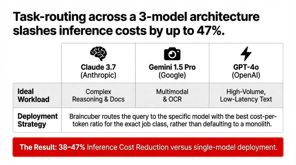 Task-routing across a 3-model architecture slashes inference costs by up to 47%. Three columns showing Claude 3.7 by Anthropic for Complex Reasoning and Docs, Gemini 1.5 Pro by Google for Multimodal and OCR, and GPT-4o by OpenAI for High-Volume Low-Latency Text. Deployment Strategy: Braincuber routes the query to the specific model with the best cost-per-token ratio for the exact job class. The Result: 38 to 47% Inference Cost Reduction versus single-model deployment.
