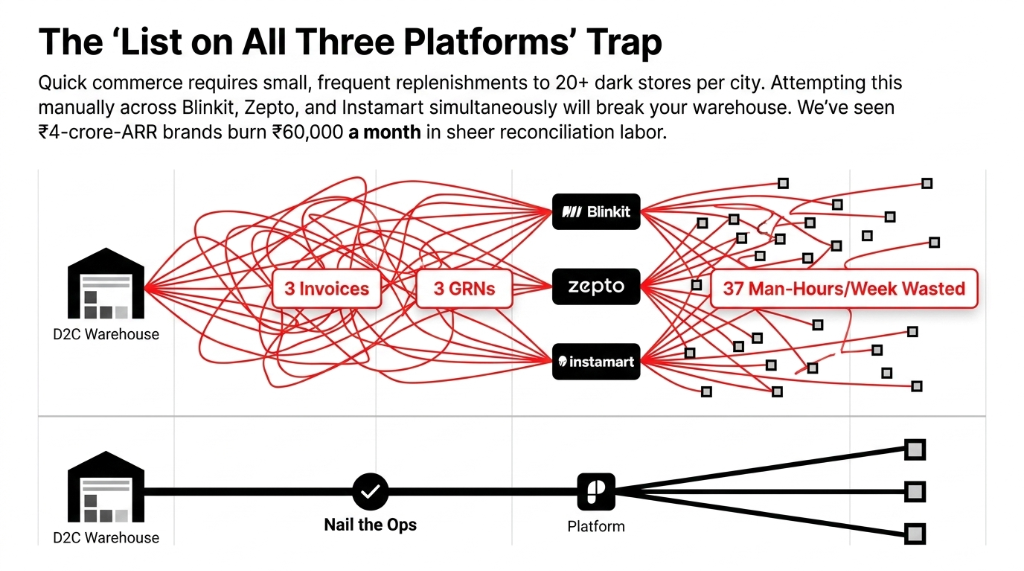 The List on All Three Platforms Trap showing chaotic manual operations across Blinkit Zepto and Instamart with 3 invoices 3 GRNs and 37 man-hours per week wasted versus streamlined single platform approach through unified ops layer