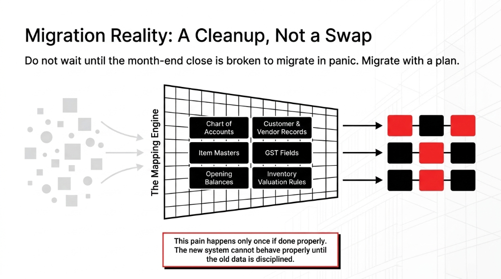 Migration Reality: A Cleanup, Not a Swap. Flow diagram showing unorganized data entering mapping engine, showing Chart of Accounts, Customer/Vendor Records, Item Masters, GST Fields, Opening Balances, and Inventory Valuation Rules. This pain happens only once if done properly, the old data must be disciplined first.