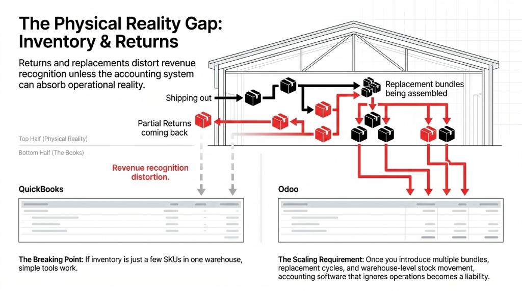 The Physical Reality Gap: Inventory & Returns. Top half shows physical warehouse reality with partial returns and replacement bundles. Bottom half shows the books: QuickBooks creates revenue recognition distortion when inventory is more than a few SKUs, while Odoo tracks multiple bundles, replacement cycles, and warehouse stock movements properly.