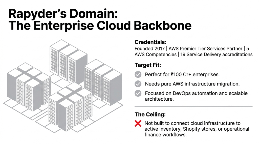 Rapyder Domain The Enterprise Cloud Backbone - Founded 2017 AWS Premier Tier Services Partner with 5 AWS Competencies and 19 Service Delivery accreditations - Perfect for large enterprises needing pure AWS infrastructure migration and DevOps automation - The Ceiling is not built to connect cloud infrastructure to active inventory Shopify stores or operational finance workflows