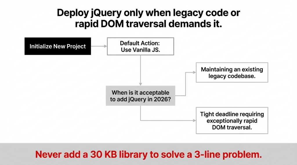Decision flowchart for jQuery in 2026 &mdash; initialize new project with Vanilla JS by default, add jQuery only when maintaining an existing legacy codebase or facing tight deadlines requiring exceptionally rapid DOM traversal. Never add a 30 KB library to solve a 3-line problem.