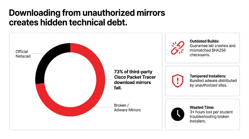 73% of third-party Cisco Packet Tracer download mirrors fail &mdash; risks include outdated builds with mismatched SHA256 checksums, tampered installers bundled with adware, and 3+ hours wasted per student troubleshooting broken installers