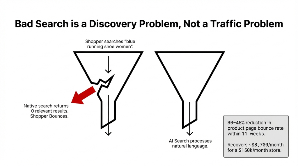 Diagram showing how bad native search causes bounces while AI search processes natural language, recovering $8,700/month for a $150k/month store