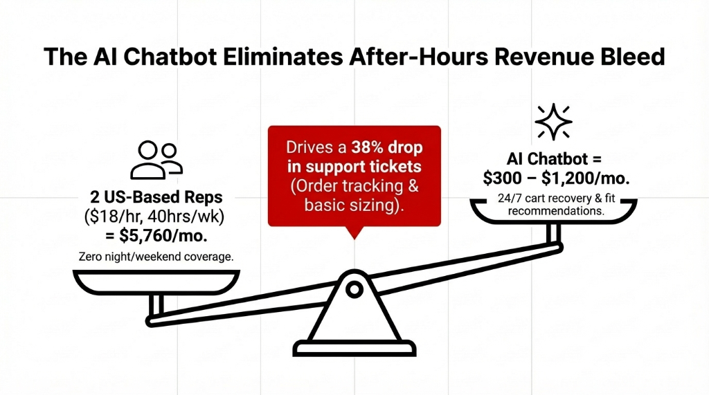 Comparison between human reps ($5,760/mo) and an AI Chatbot ($300-$1,200/mo) driving a 38% drop in support tickets