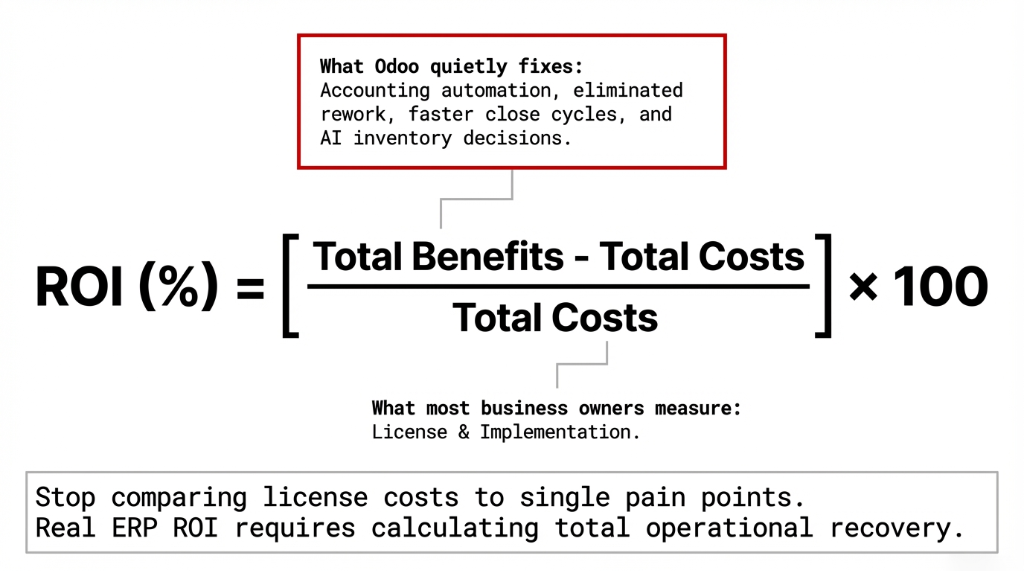 ROI Formula: ROI percentage equals Total Benefits minus Total Costs divided by Total Costs times 100. What Odoo quietly fixes: accounting automation, eliminated rework, faster close cycles, and AI inventory decisions. What most business owners measure: License and Implementation only. Stop comparing license costs to single pain points—real ERP ROI requires calculating total operational recovery.