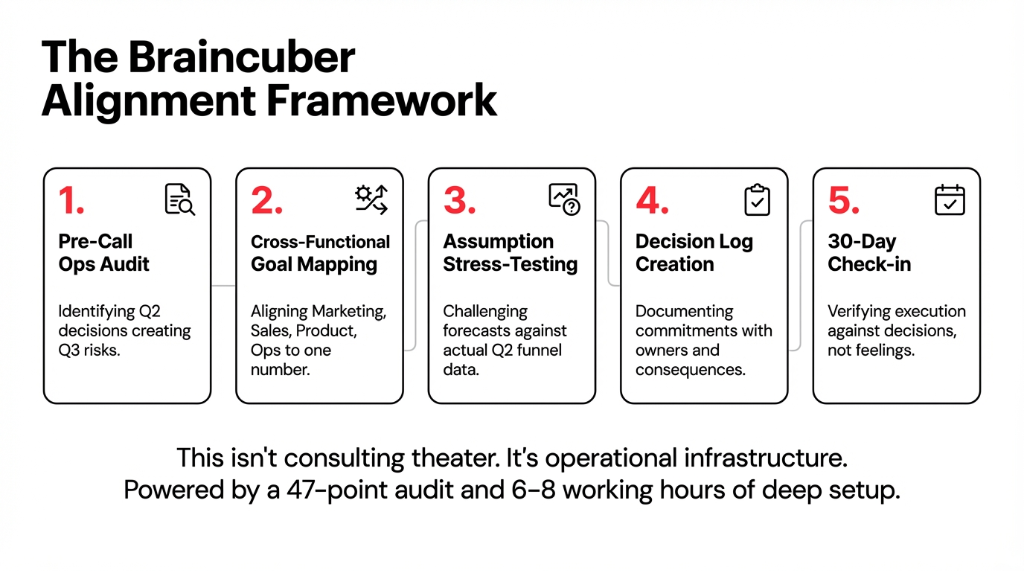 The Braincuber Alignment Framework &mdash; 5 steps: 1. Pre-Call Ops Audit (identifying Q2 decisions creating Q3 risks), 2. Cross-Functional Goal Mapping (aligning Marketing, Sales, Product, Ops to one number), 3. Assumption Stress-Testing (challenging forecasts against actual Q2 funnel data), 4. Decision Log Creation (documenting commitments with owners and consequences), 5. 30-Day Check-in (verifying execution against decisions not feelings). Powered by a 47-point audit and 6-8 working hours of deep setup.