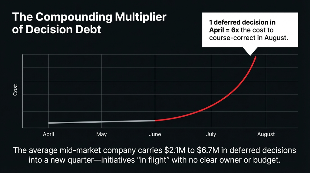 The Compounding Multiplier of Decision Debt &mdash; exponential cost curve from April to August. 1 deferred decision in April equals 6x the cost to course-correct in August. The average mid-market company carries $2.1M to $6.7M in deferred decisions into a new quarter &mdash; initiatives in flight with no clear owner or budget.