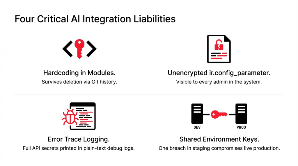 Four critical AI integration liabilities showing hardcoding in modules surviving deletion via Git history, unencrypted ir.config_parameter visible to every admin in the system, error trace logging printing full API secrets in plain-text debug logs, and shared environment keys where one breach in staging compromises live production