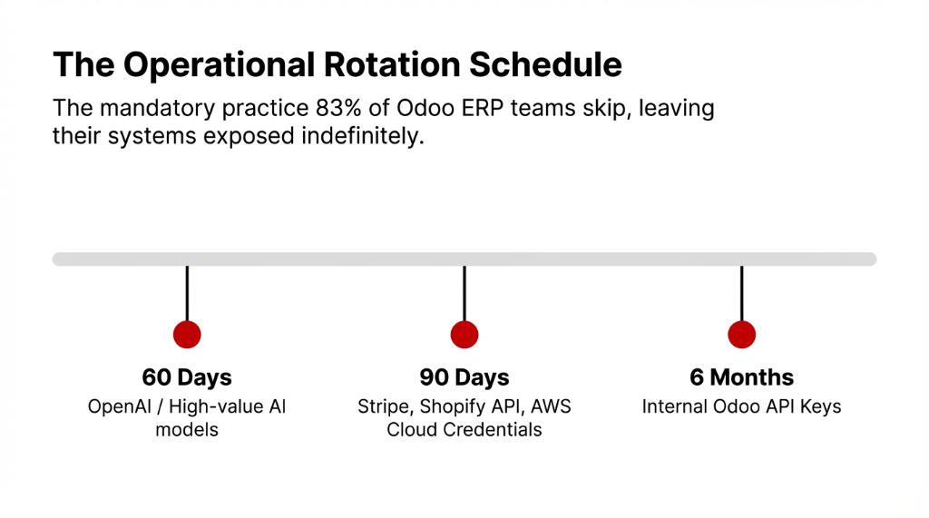 The operational rotation schedule showing the mandatory practice 83% of Odoo ERP teams skip, with a timeline marking 60 days for OpenAI and high-value AI models, 90 days for Stripe Shopify API and AWS cloud credentials, and 6 months for internal Odoo API keys