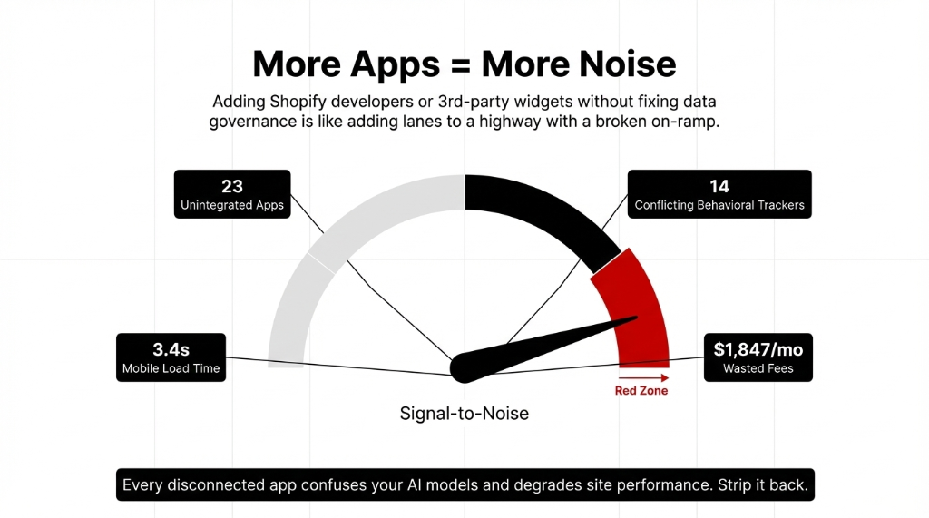 Dial showing how more apps equals more noise leading to conflicts and wasted fees of $1,847/month