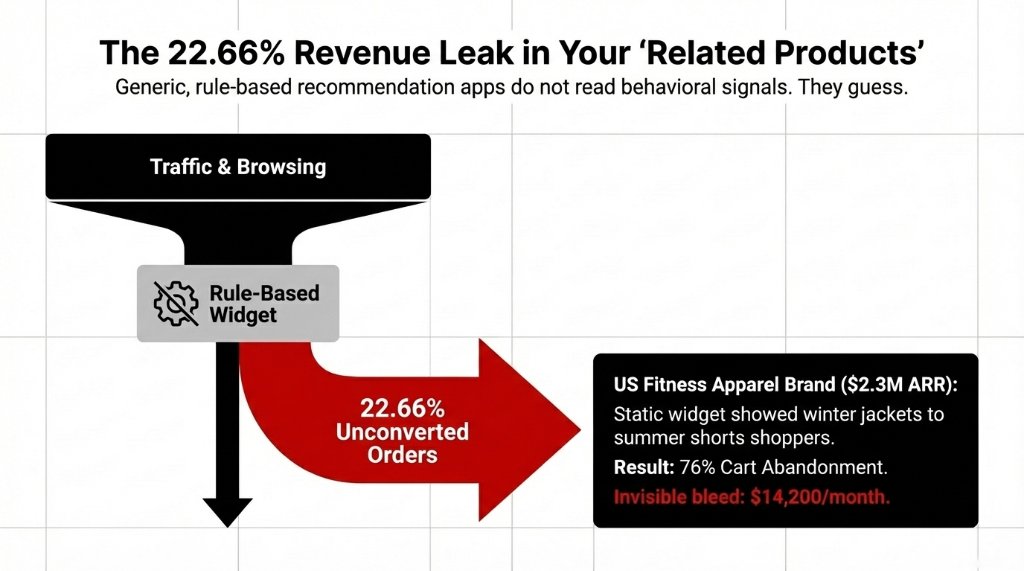 Visualizing the 22.66% revenue leak showing how rule-based widgets do not read behavioral signals leading to cart abandonment