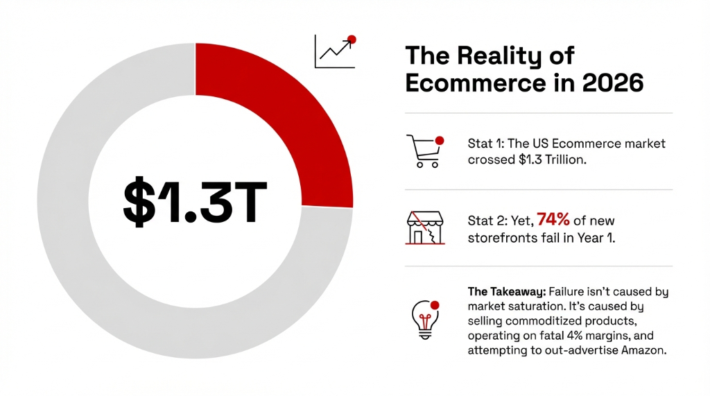 The reality of ecommerce in 2026 showing the US market at 1.3 trillion dollars with 74 percent of new storefronts failing in Year 1