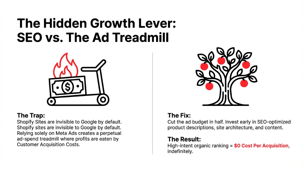 The hidden growth lever showing SEO versus the ad treadmill with Shopify sites invisible to Google by default